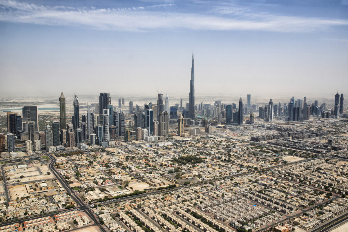 Skyline of Downtown Dubai with Burj Khalifa from a Helicopter
